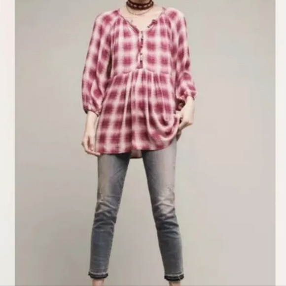 Maeve Anthropologie Cavalon Plaid Tunic Top Size XS Pink Cream 3/4 Sleeve Boho - Picture 7 of 9